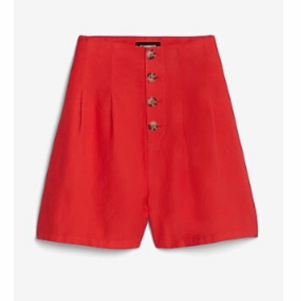 Linen Blend Express High-Waist Red Button-Front Shorts
